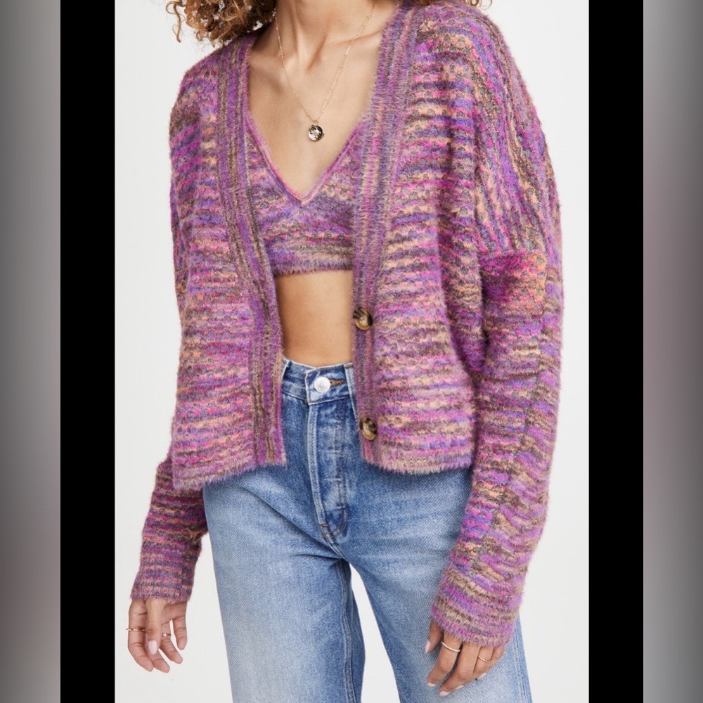 Purple Striped Mohair-Blend V-Neck Cardigan Sweater And Matching Crop Top